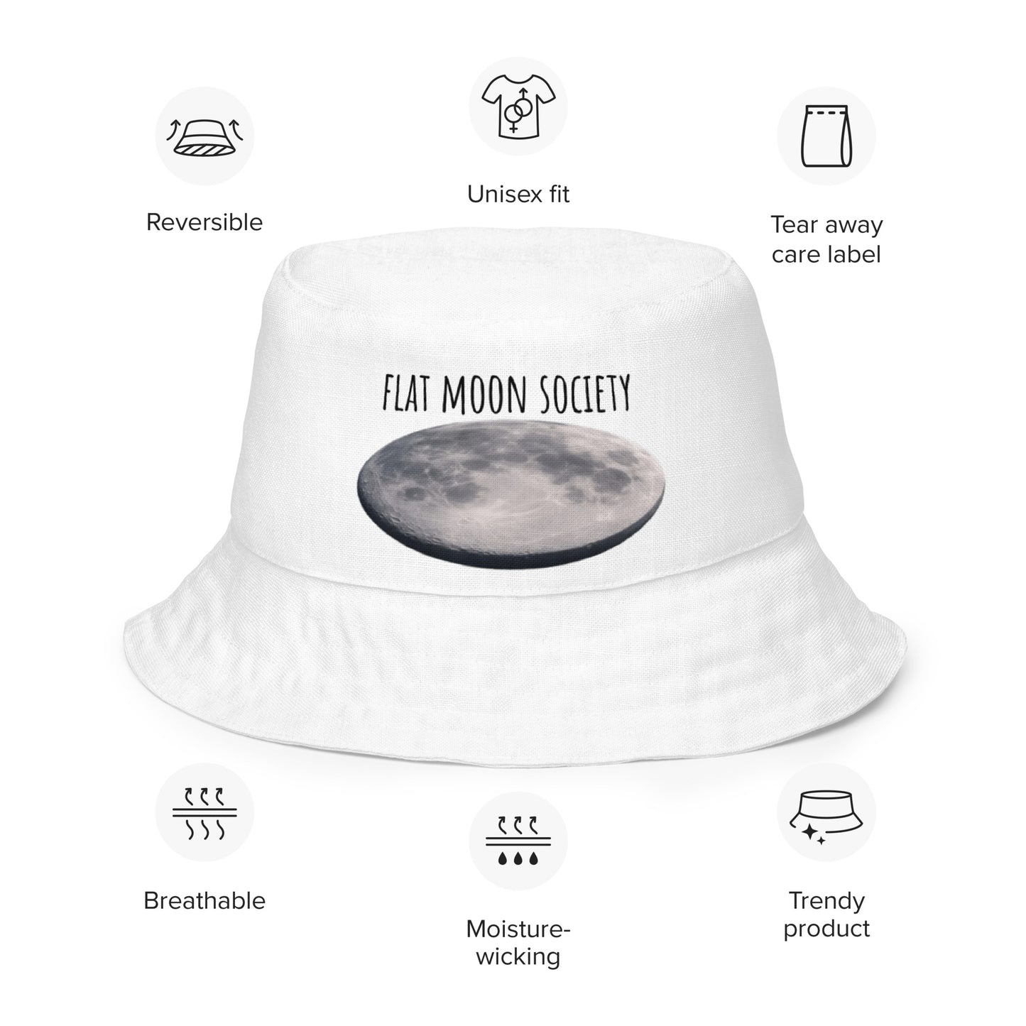 Reversible bucket hat by Wayward.biz with all-over moon print, white exterior, casual sun protection accessory.