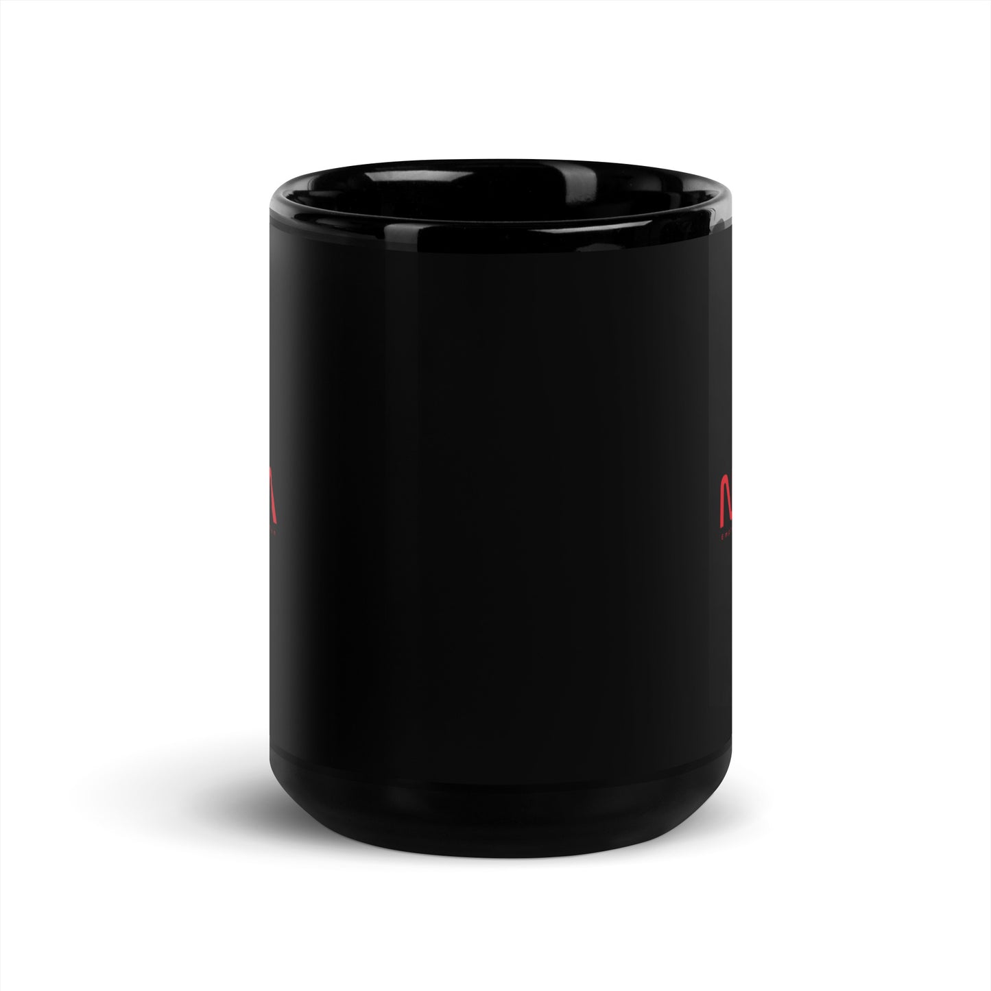 Black glossy 15 oz NADA mug from wayward.biz with a front view showing its shiny surface and large capacity.