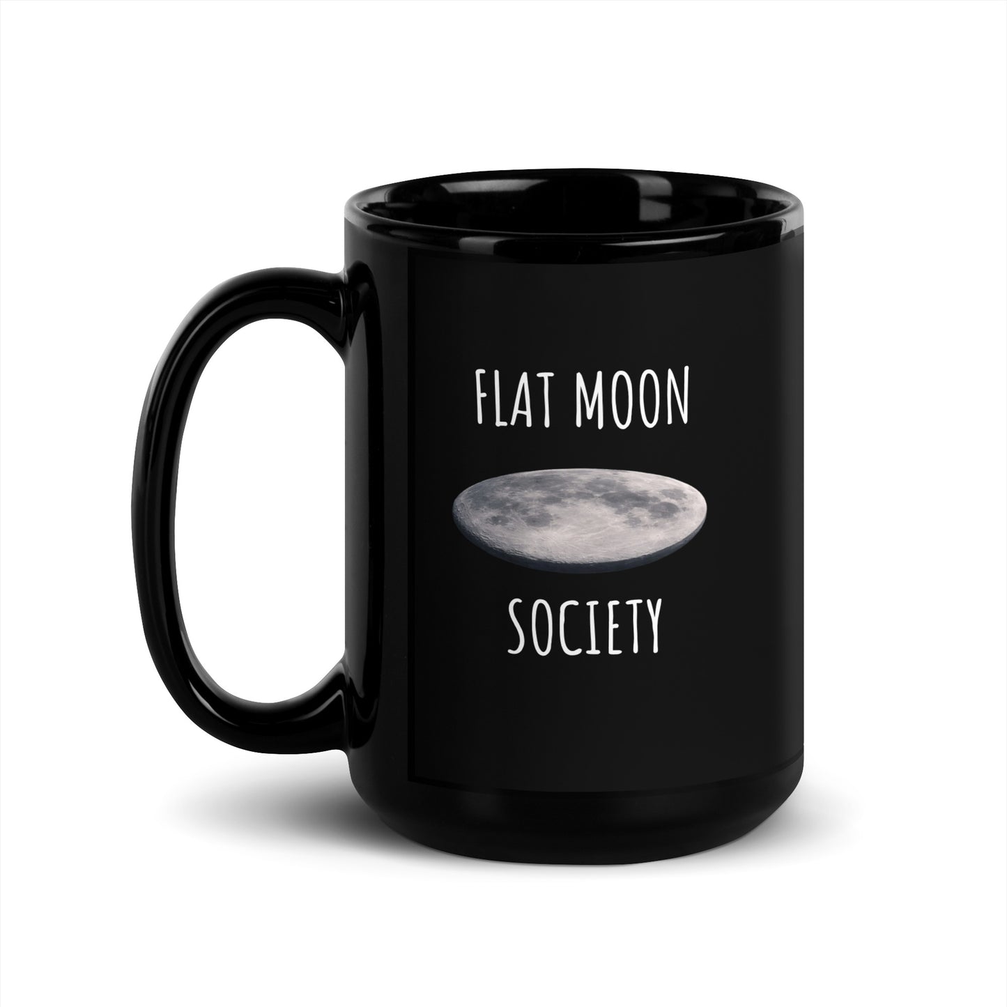 Black glossy 15 oz mug from Flat Moon Society by wayward.biz with a handle on the left side.