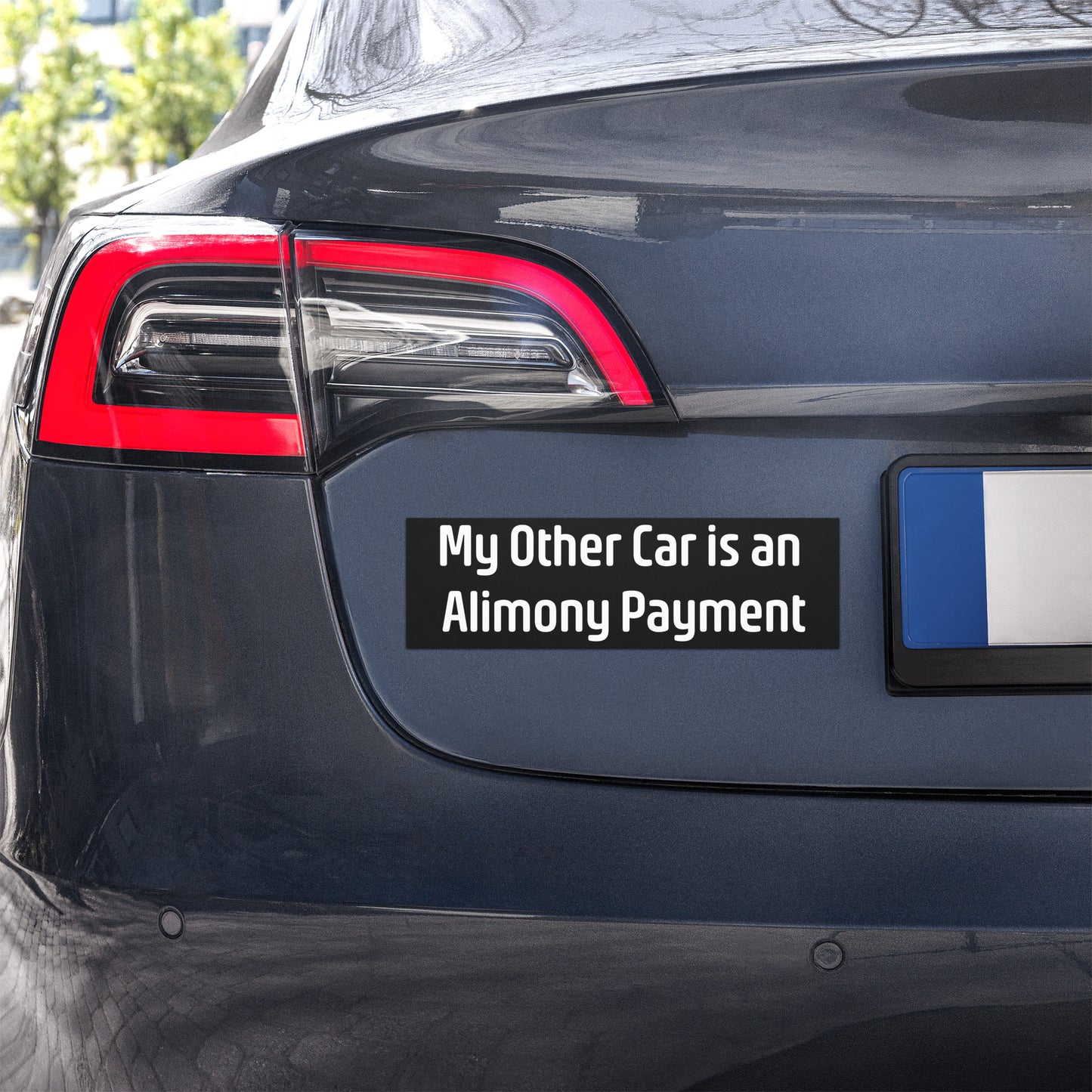 White car magnet from wayward.biz reads "My Other Car is an Alimony Payment," designed for vehicle decoration.
