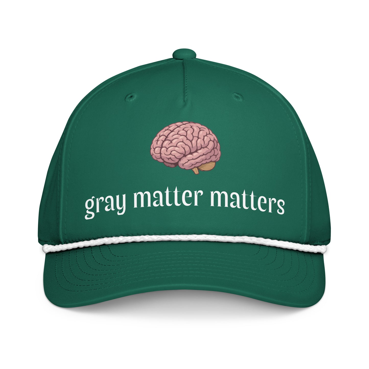 Gray Matter Matters classic rope cap by wayward.biz featuring a white front panel and adjustable rope strap.