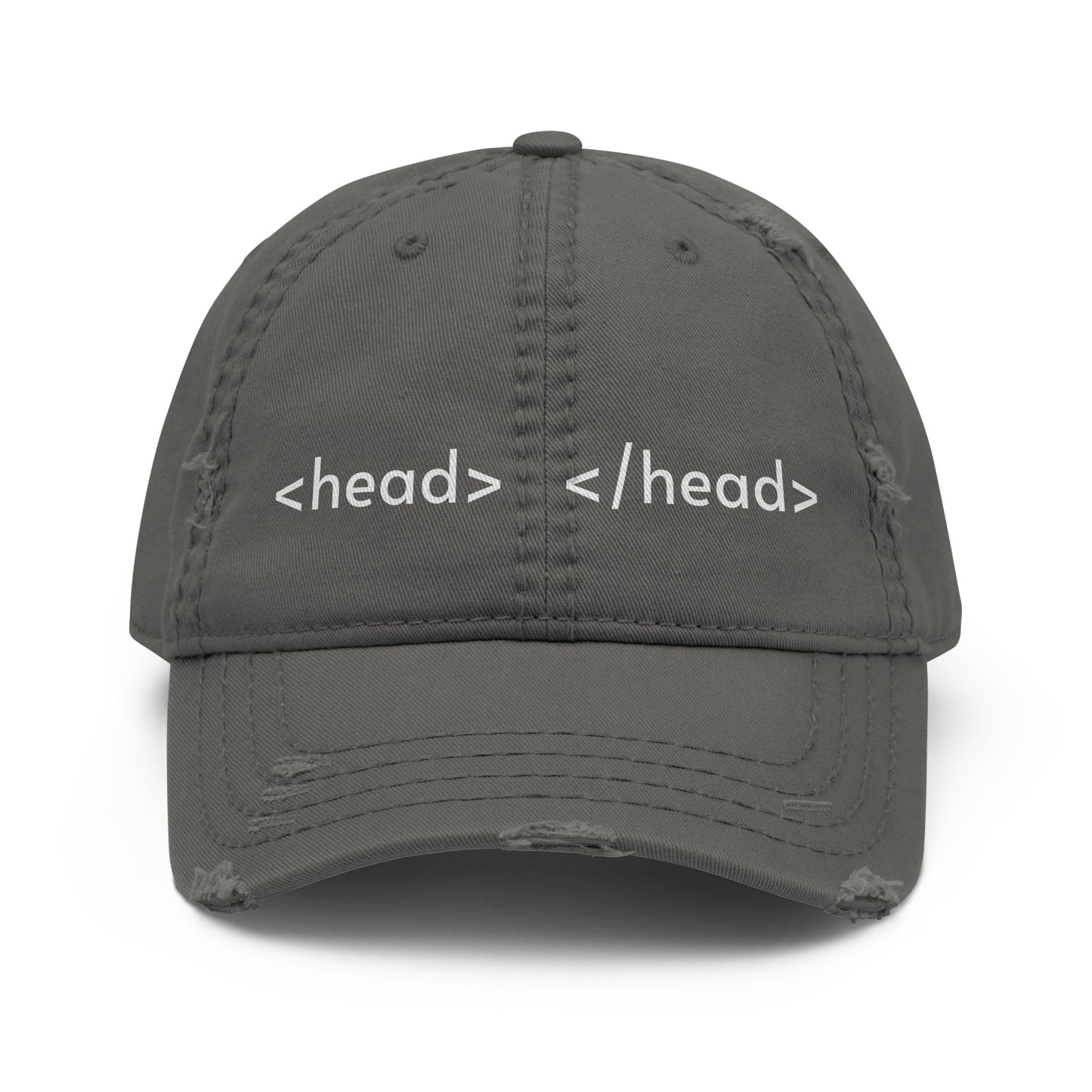 Charcoal grey distressed Dad Hat with embroidery, showcasing a casual, worn-in style and adjustable strap.