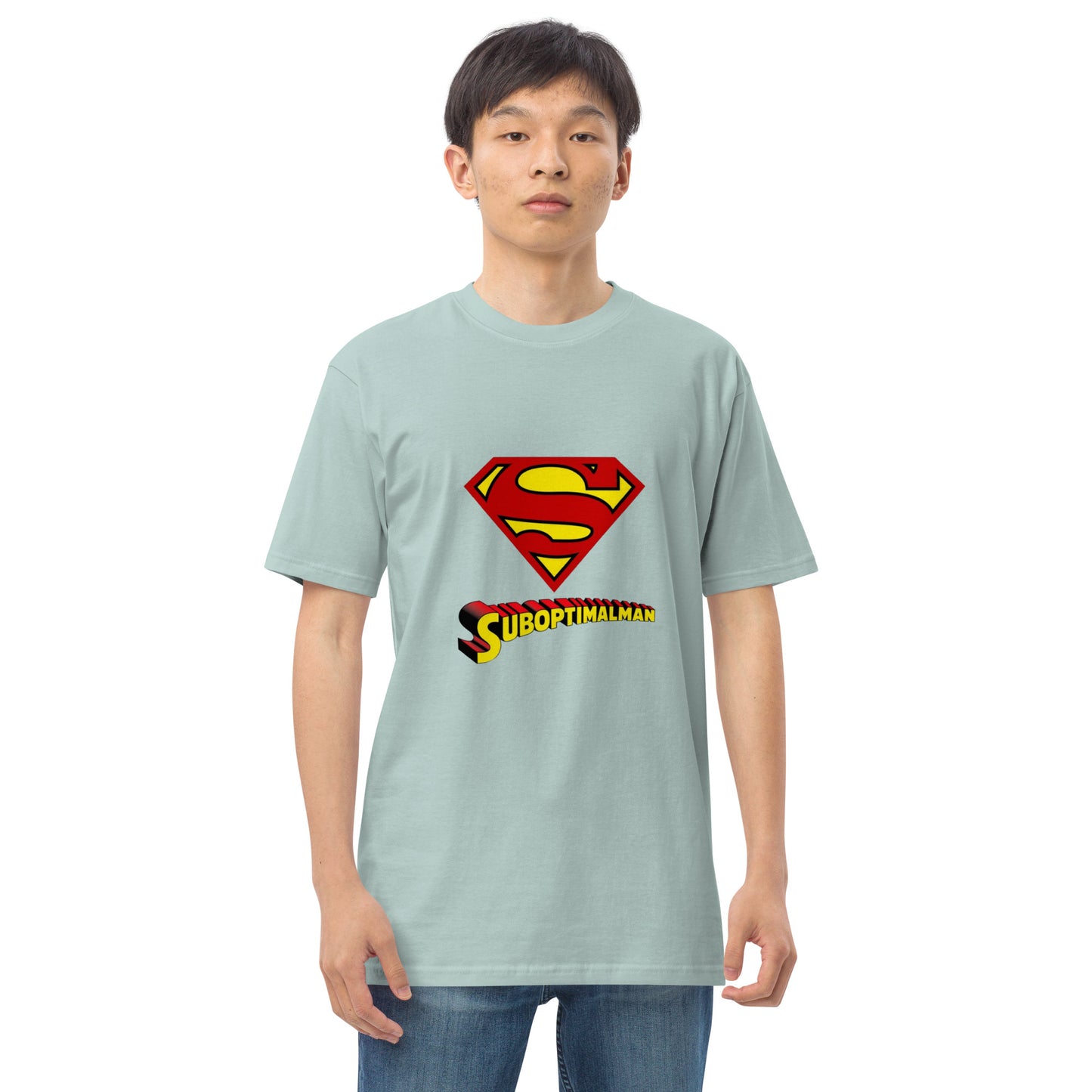 Men's premium heavyweight T-shirt in agave color from Suboptimalman by wayward.biz, front view showing soft cotton fabric.