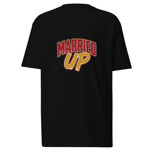 Black Married Up Men’s premium heavyweight T-shirt by wayward.biz, front view showcasing its sturdy fabric and classic fit.