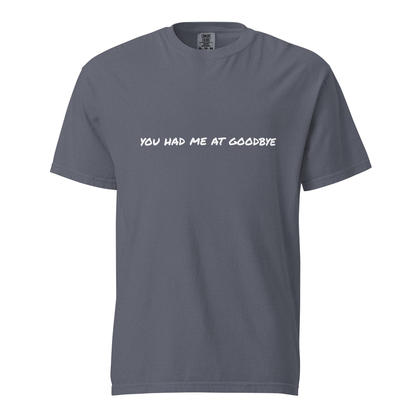 Unisex garment-dyed heavyweight denim T-shirt by Wayward.biz, front view showing soft, durable fabric and classic crew neckline.
