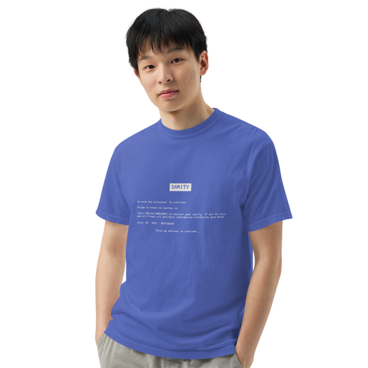 Unisex blue garment-dyed heavyweight T-shirt with "Death to Your Sanity" graphic on the front, from wayward.biz.