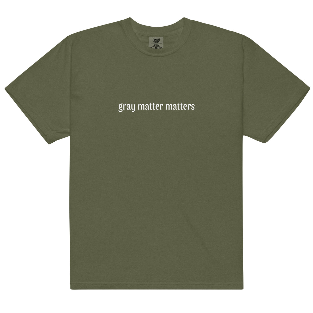 Gray Matter Matters unisex garment-dyed heavyweight hemp T-shirt in dark gray, front view showing soft fabric and casual fit.