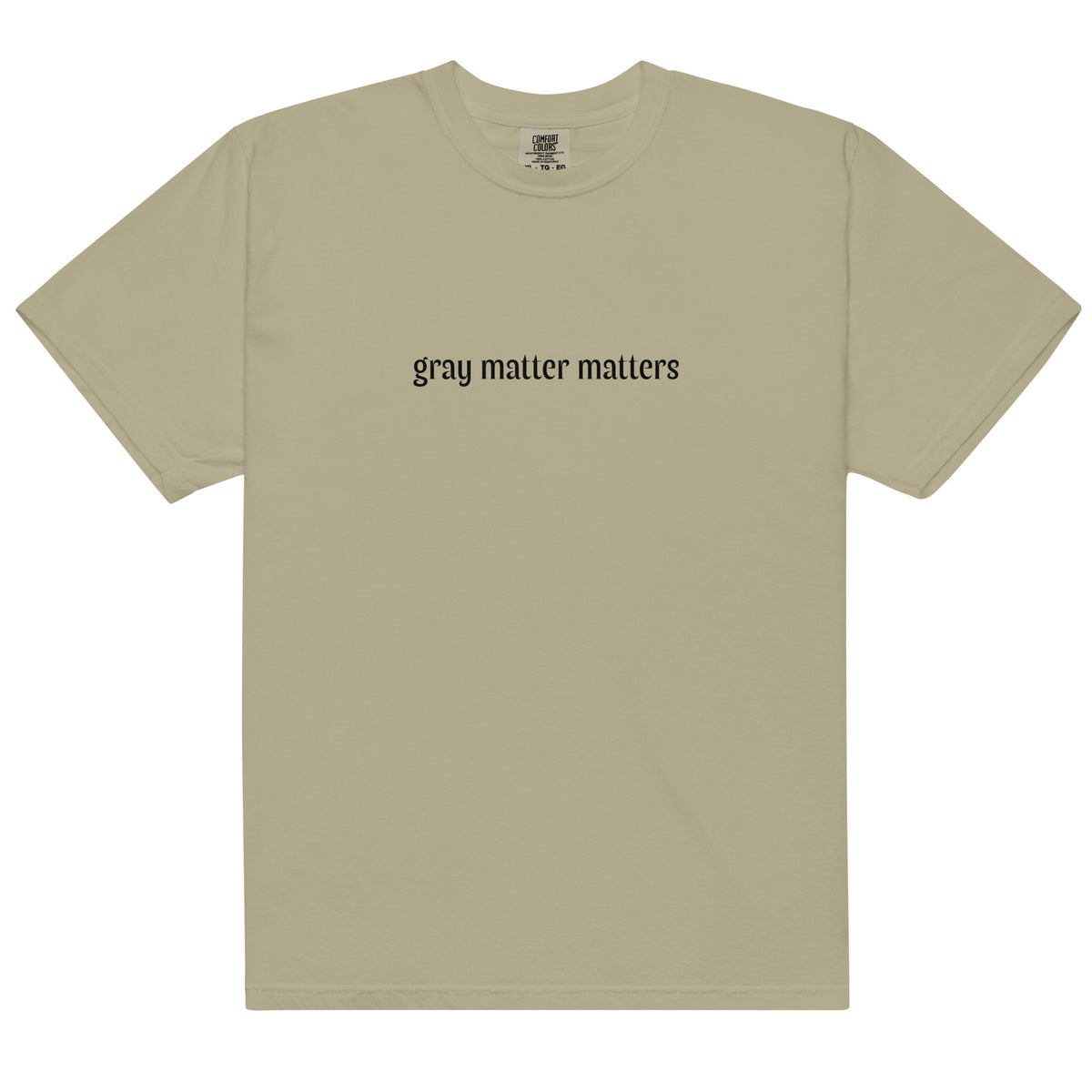 Gray Matter Matters unisex garment-dyed heavyweight T-shirt in light khaki, front view showcasing soft, durable fabric and casual fit.