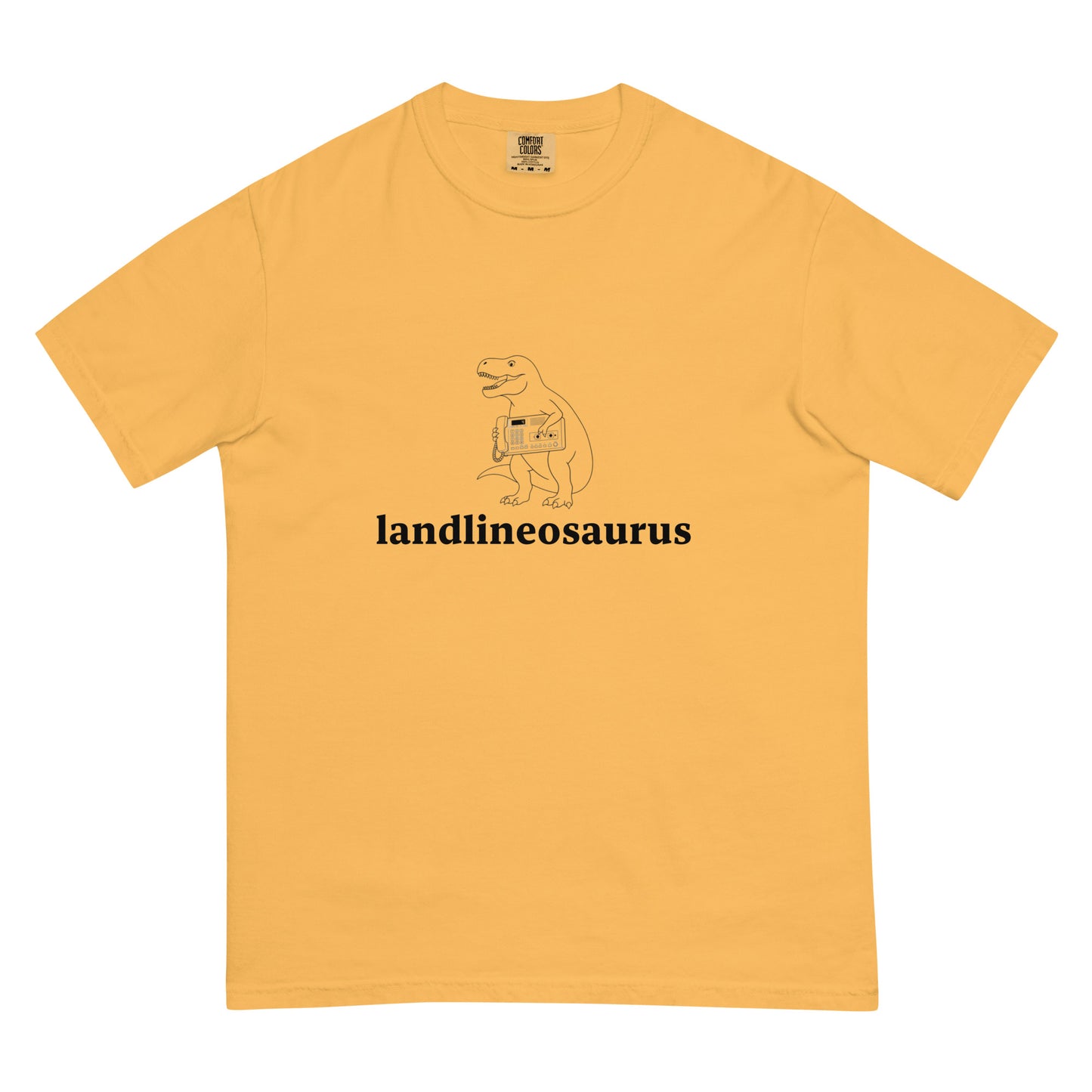 Unisex Landlineosaurus heavyweight garment-dyed T-shirt in mustard color, front view showing soft fabric and casual fit.