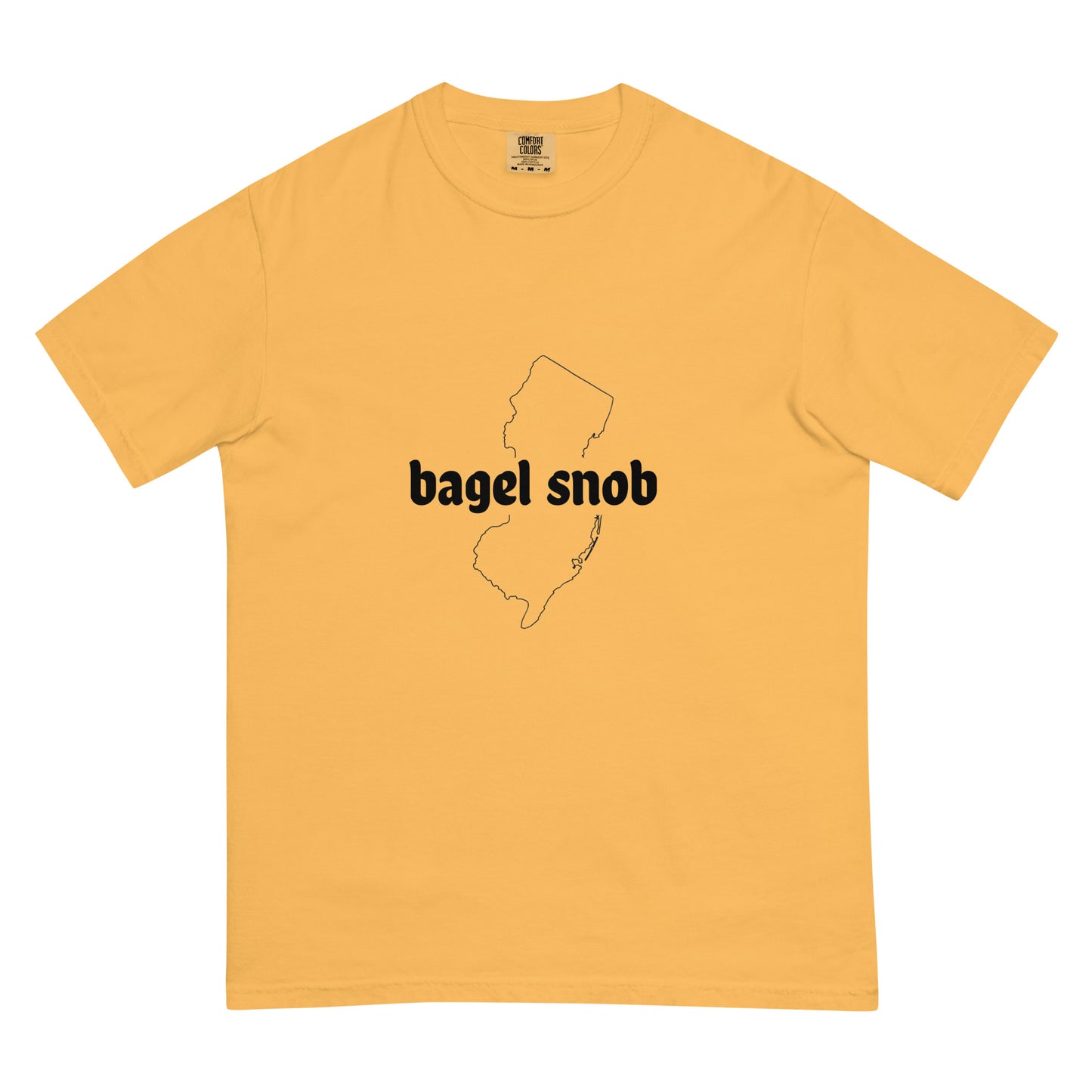 Unisex Bagel Snob heavyweight garment-dyed mustard T-shirt with front design, casual style, by wayward.biz.