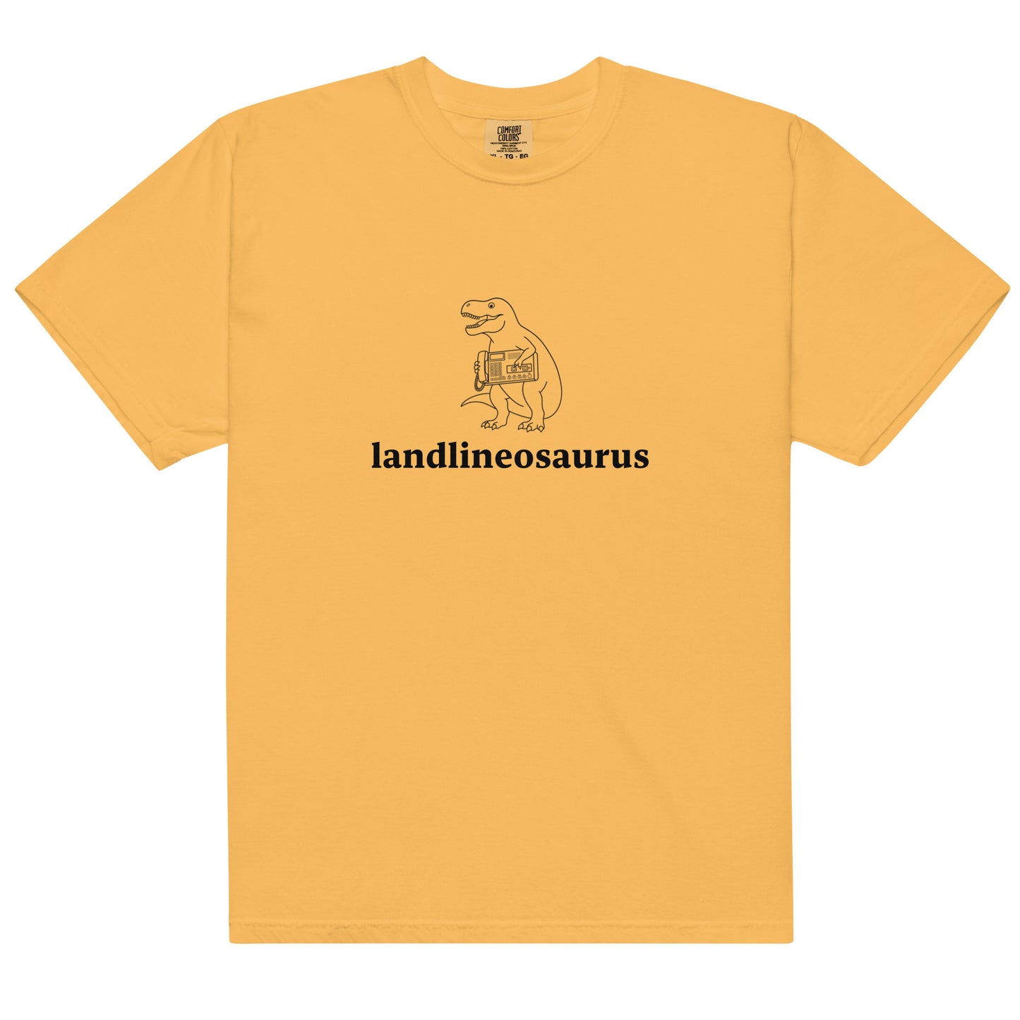 Unisex Landlineosaurus heavyweight garment-dyed T-shirt in mustard color, front view showing soft fabric and relaxed fit.
