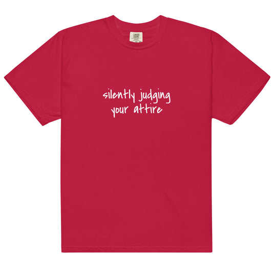 Unisex red garment-dyed heavyweight T-shirt with wayward.biz branding, displayed from the front, showcasing its casual style and fabric.