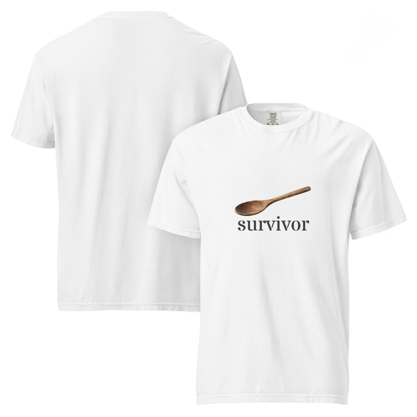 White unisex heavyweight T-shirt with wooden spoon Survivor graphic, garment-dyed for a vintage look, from wayward.biz.