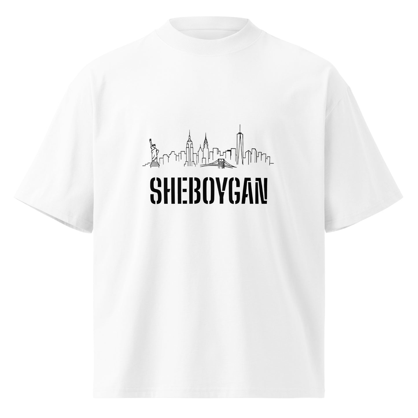White unisex organic oversized high neck T-shirt featuring a Sheboygan city skyline graphic by wayward.biz.