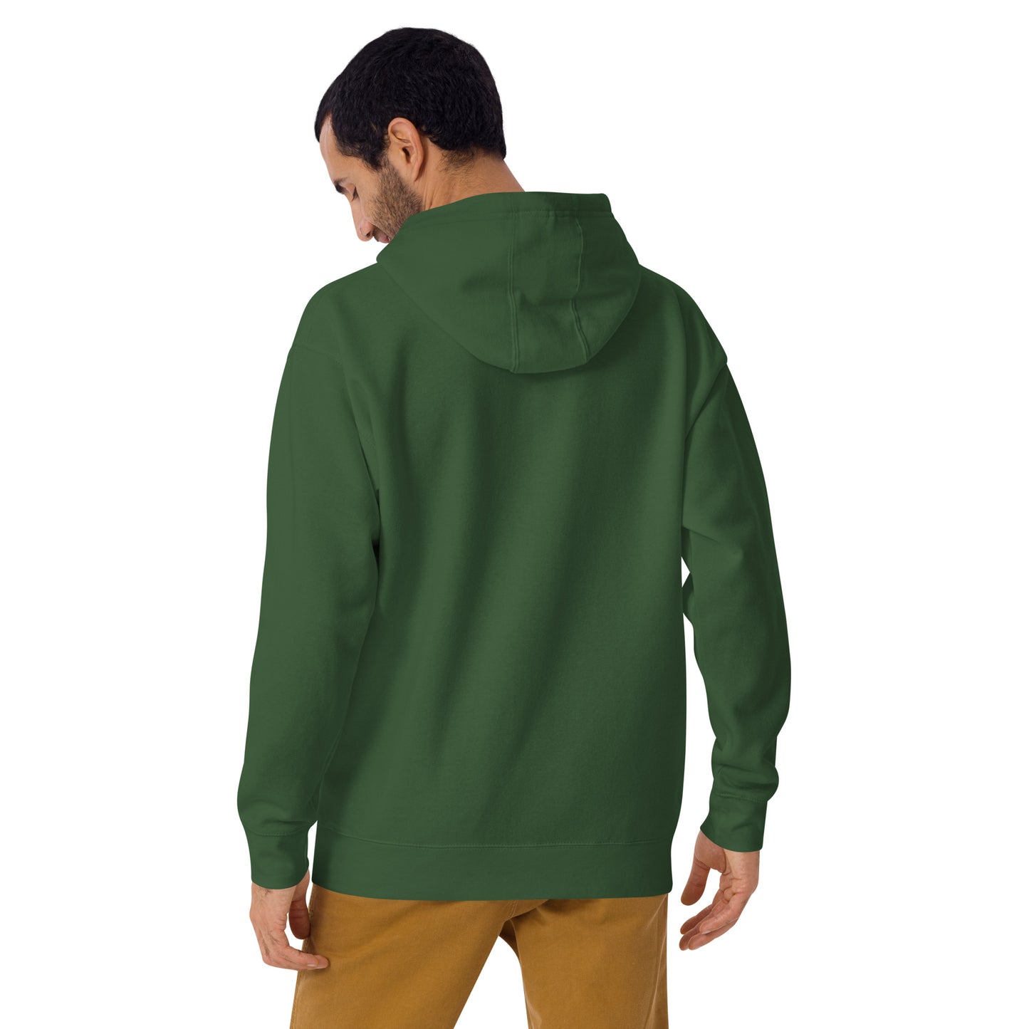Forest green unisex hoodie from Wayward.biz with a flat moon society design on the back, made of premium pullover material.