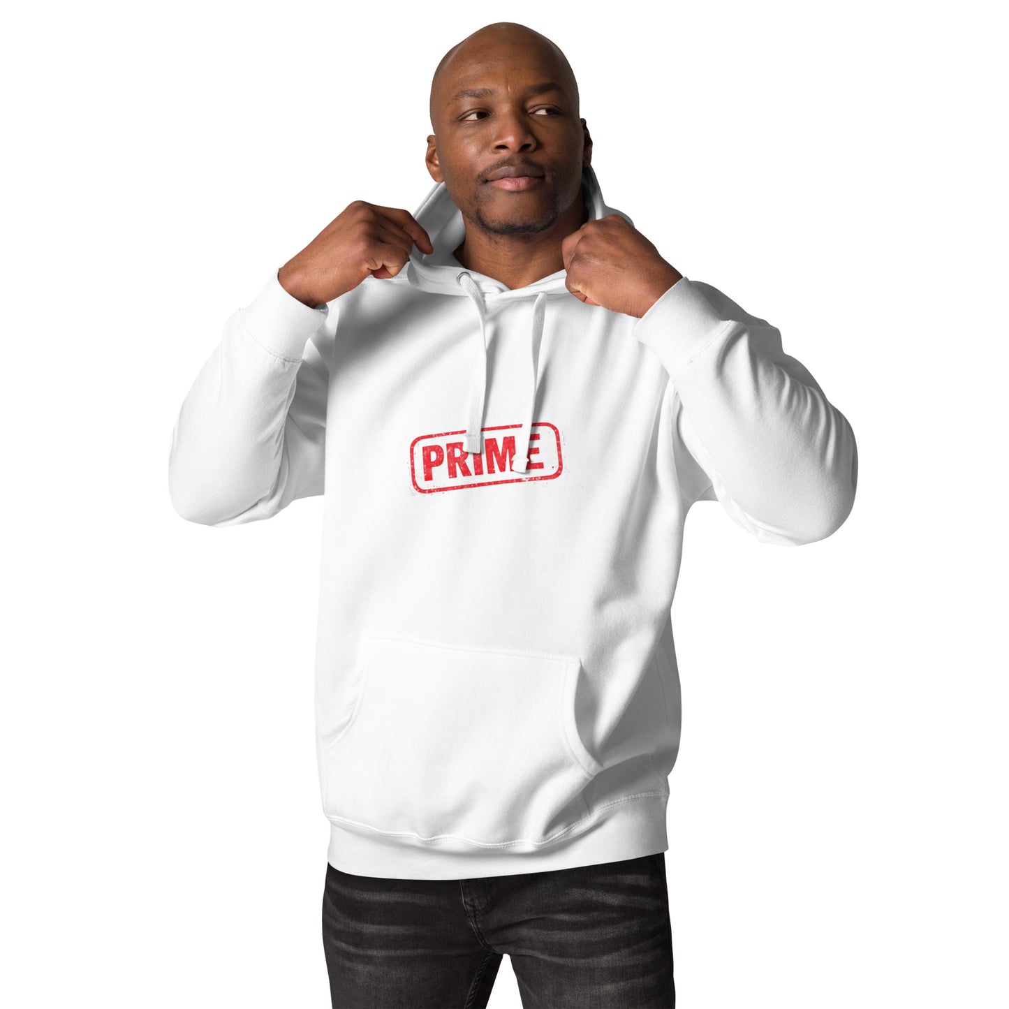 White PRIME unisex hoodie by wayward.biz, featuring a comfortable pullover design and a casual fit, front view.