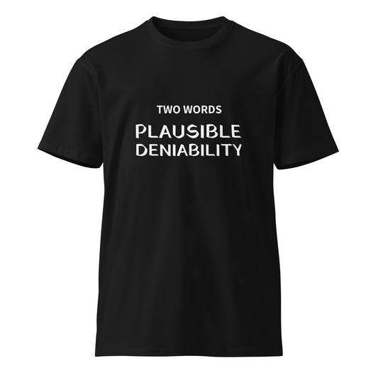 Black unisex premium T-shirt from Two Words - Plausible Deniability brand, front view showing fit and simple design.