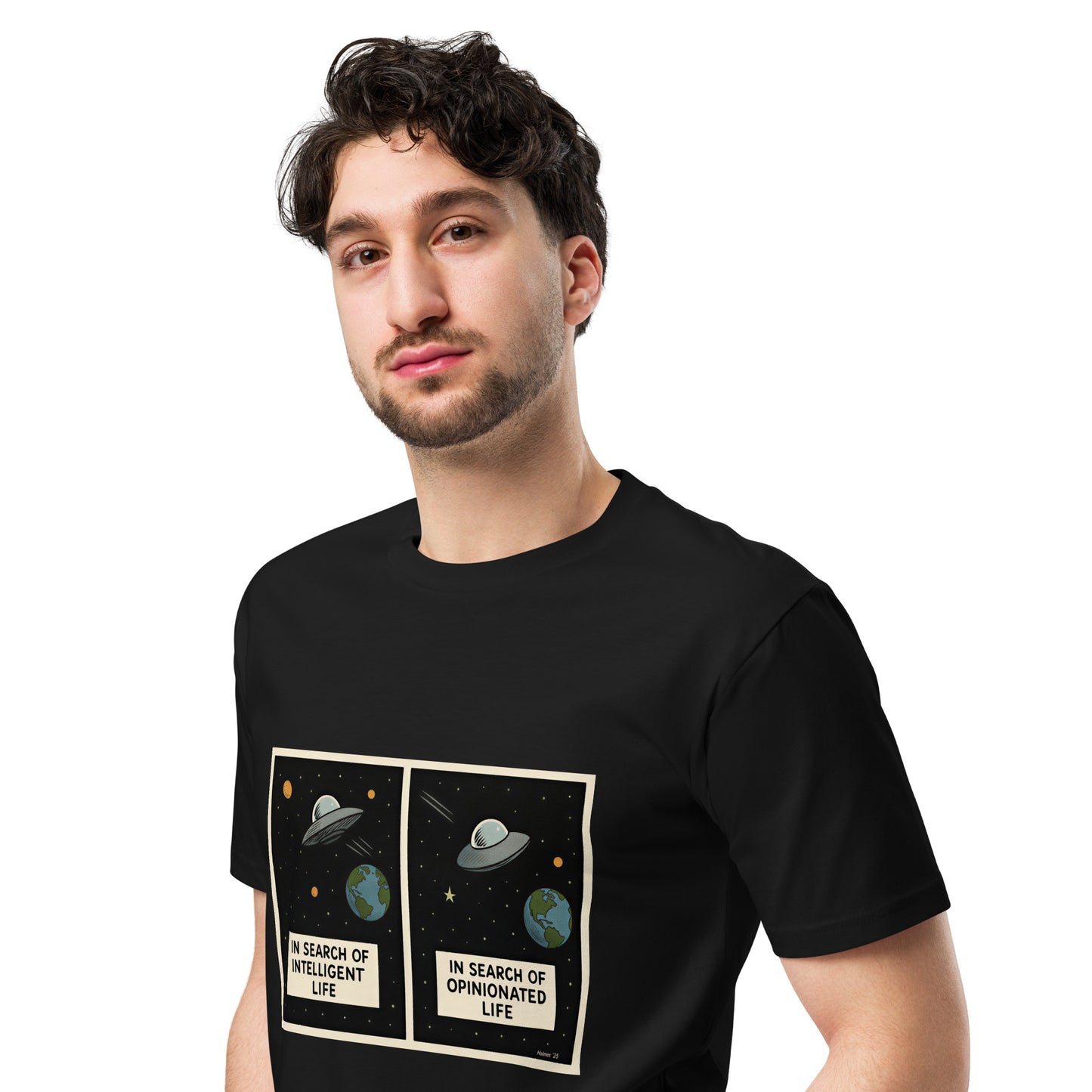 Black unisex premium T-shirt featuring the "In Search of Intelligent / Opinionated Life" design from wayward.biz.