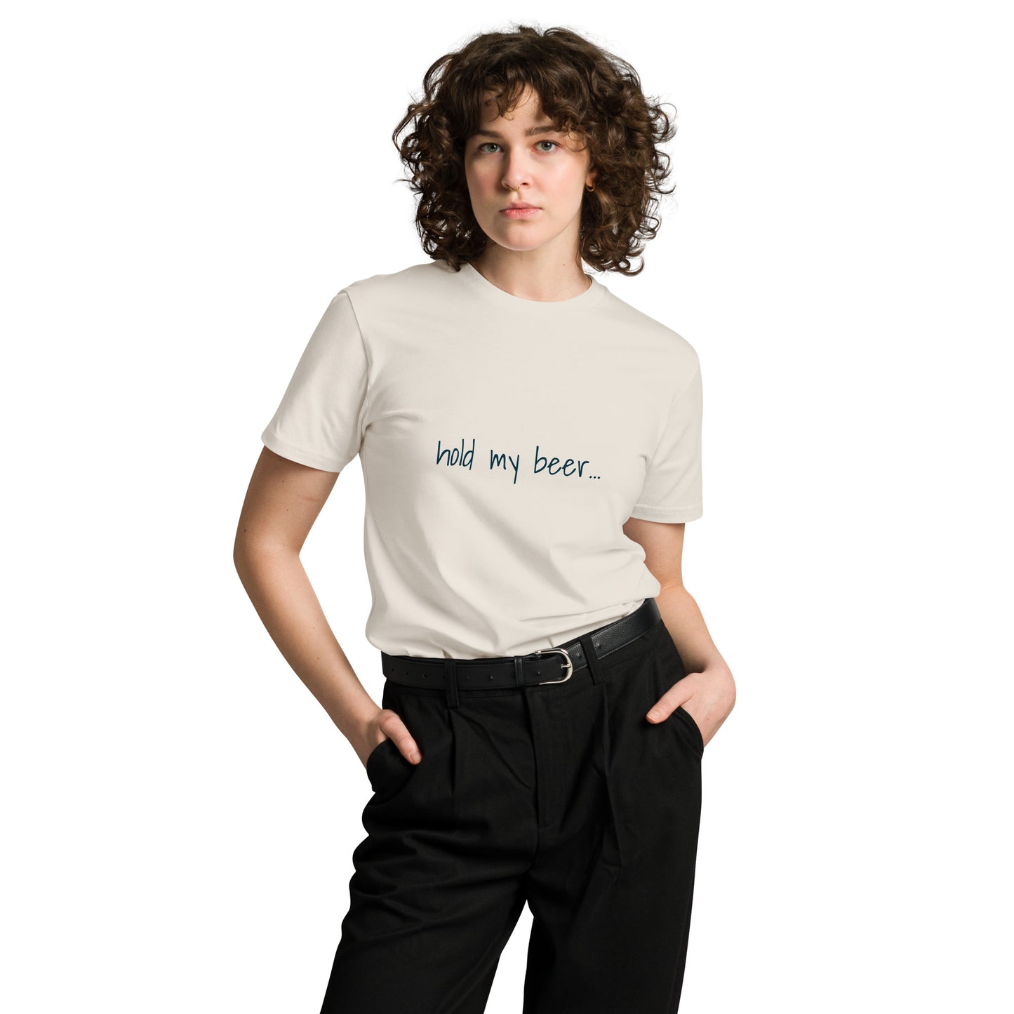 Unisex premium "Hold My Beer" T-shirt by Wayward.biz in bone color, front view showing casual, relaxed fit.