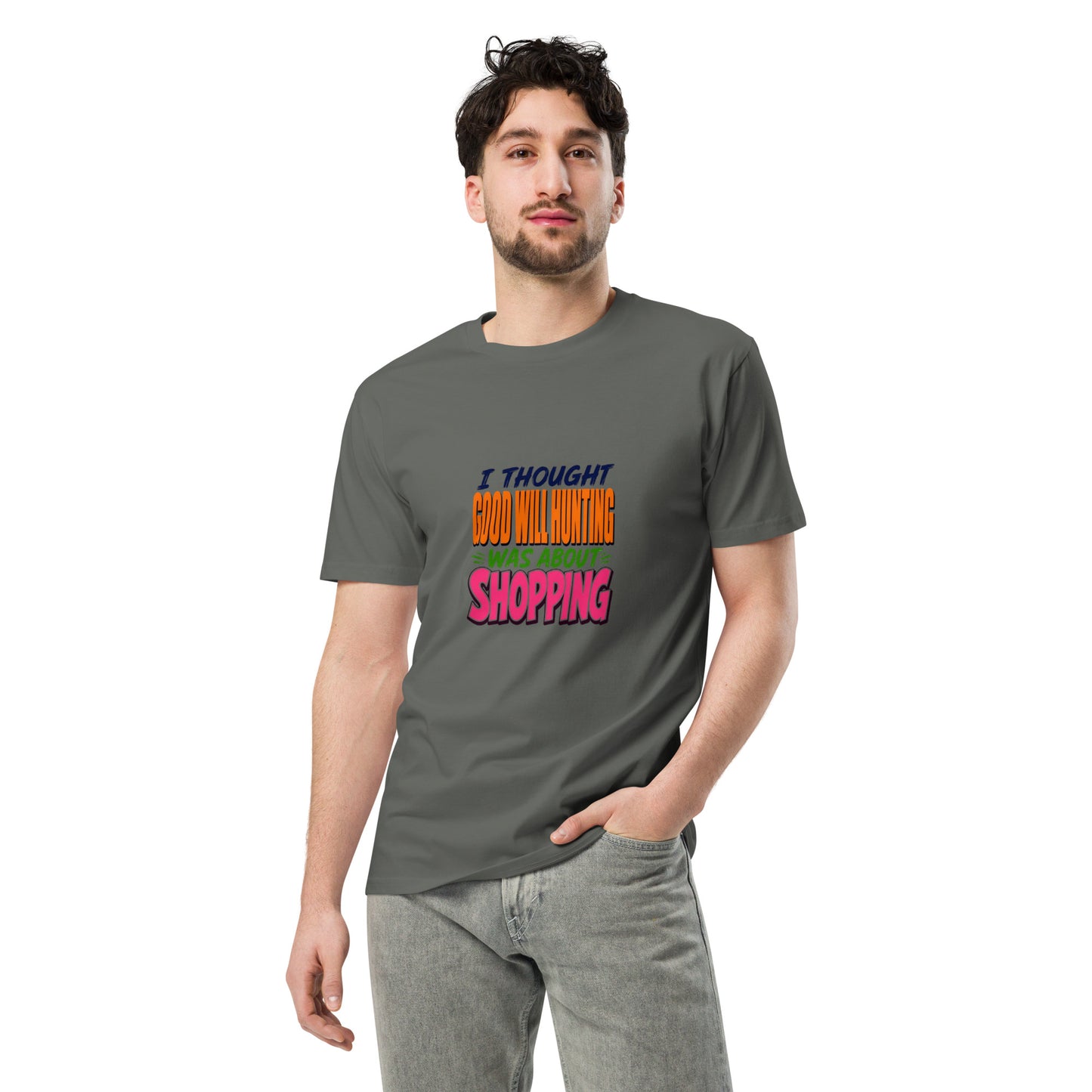 Unisex charcoal premium T-shirt featuring a "Good Will Hunting" quote design from wayward.biz, front view.
