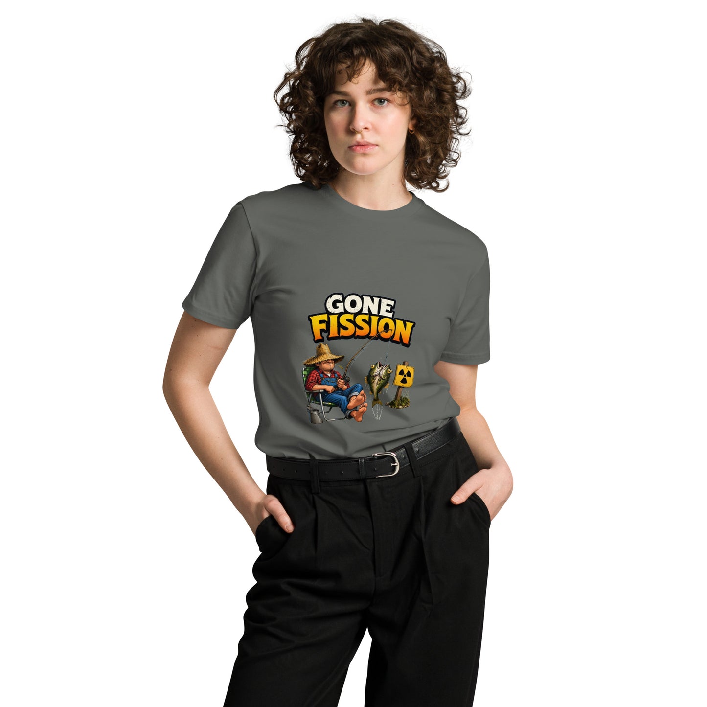 Unisex charcoal Gone Fission premium T-shirt by wayward.biz, front view showing logo and comfortable fit.