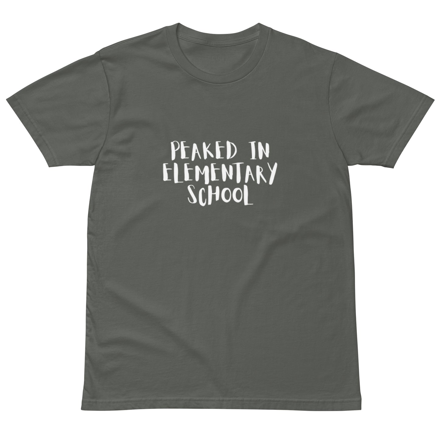 Unisex charcoal premium T-shirt with "peaked in elementary school" graphic, casual style, front view, by wayward.biz.