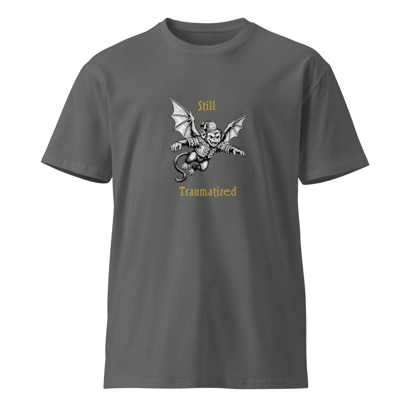 Unisex dark charcoal premium T-shirt featuring a still traumatized by flying monkeys graphic, casual wear from wayward.biz