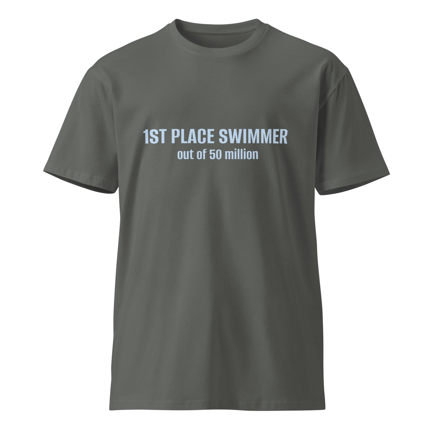 Unisex charcoal premium T-shirt featuring a 1st Place Swimmer design, high-quality fabric, and comfortable fit.