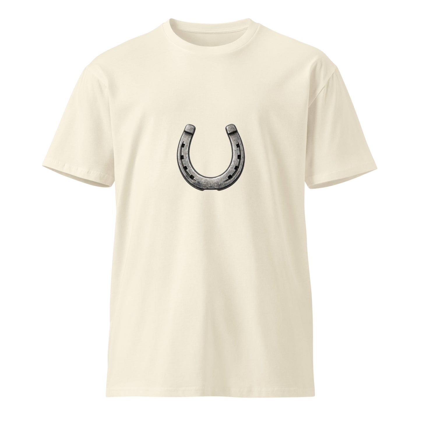 Unisex premium Horseshoe T-shirt by wayward.biz, natural color, front view showing classic design and comfortable fit.