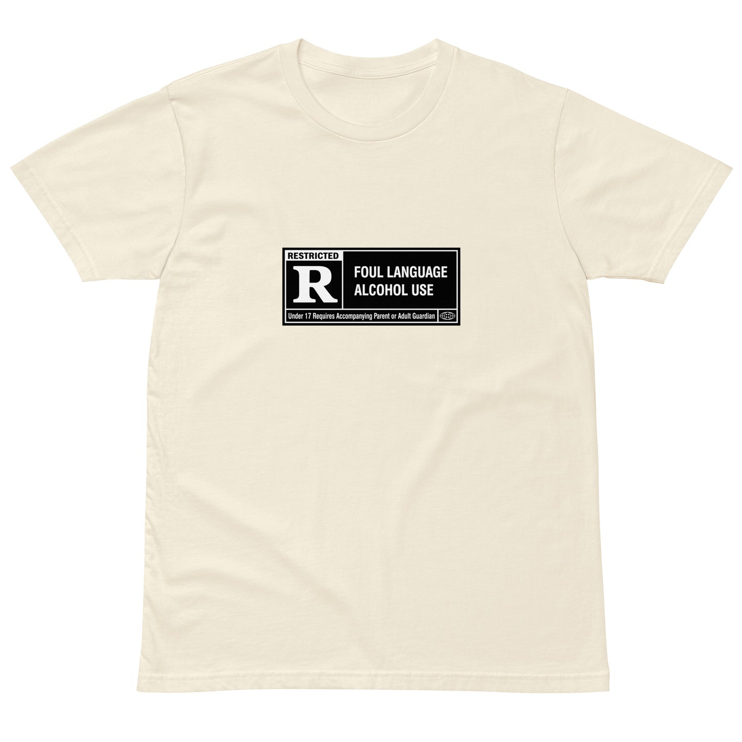 Unisex Rated R premium T-shirt with bold graphic design, natural front view, by wayward.biz, showcasing the graphic and fabric details.