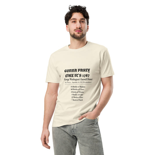 Unisex premium T-shirt with "Gonna party like it's 1787" slogan, natural color, front view, by wayward.biz.