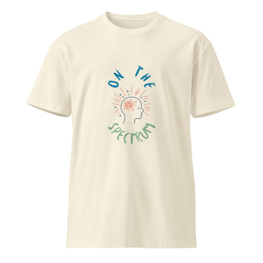 Unisex On the Spectrum premium T-shirt by wayward.biz in natural color, front view showcasing soft cotton fabric and classic fit.