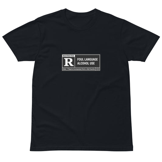 Unisex navy premium T-shirt with Rated R foul language and alcohol use print, stylish and comfortable casual apparel by wayward.biz.
