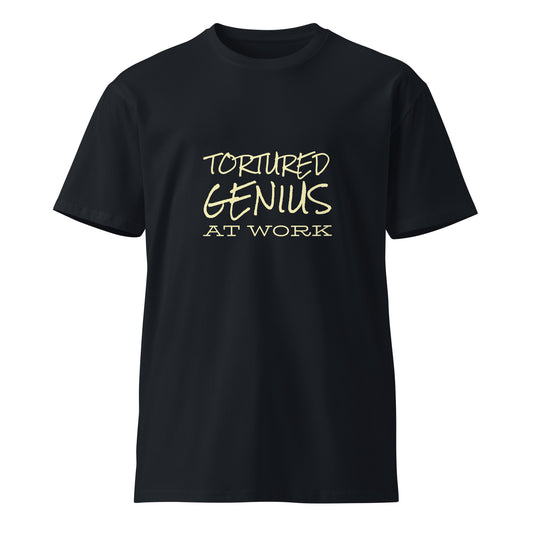 Navy unisex premium T-shirt featuring "Tortured Genius at Work" design, casual style from Wayward.biz.