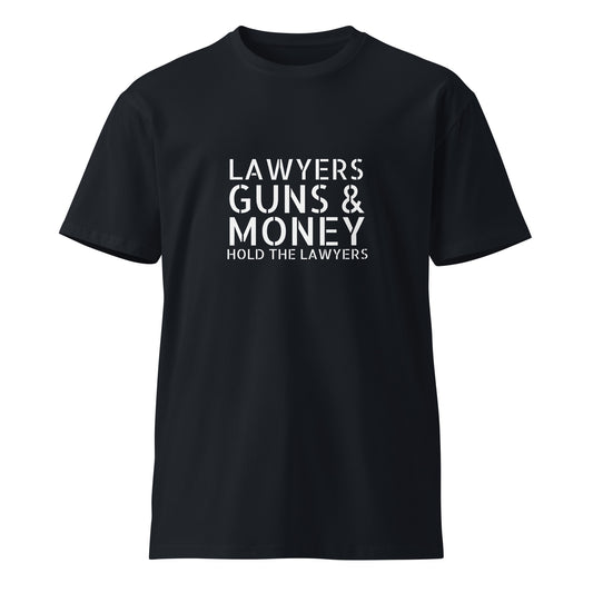 Unisex navy premium T-shirt featuring the Lawyers Guns & Money design, by wayward.biz, front view showing the graphic.
