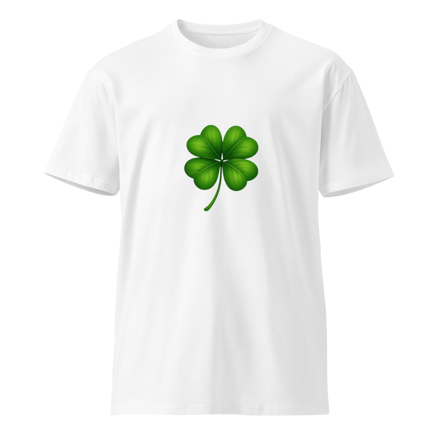 White unisex premium T-shirt featuring a 4-leaf clover design, made by wayward.biz, shown from the front.