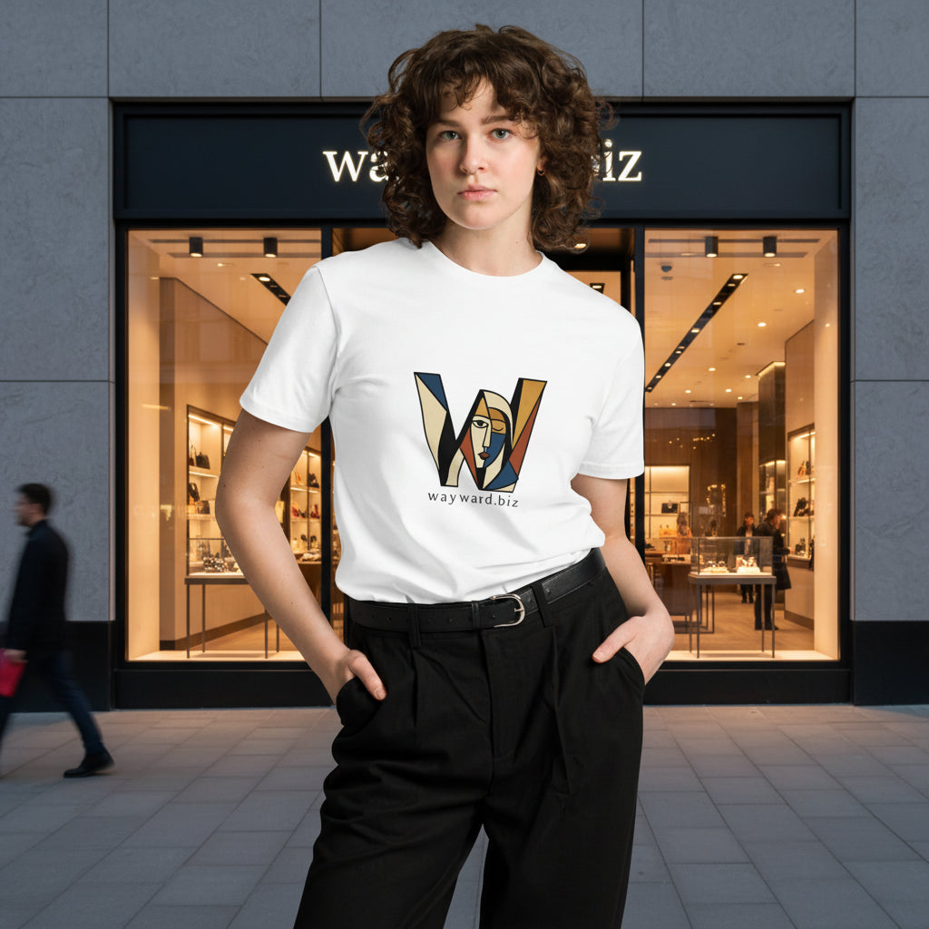 White unisex premium T-shirt by wayward.biz with a simple front design, made from soft, high-quality fabric.