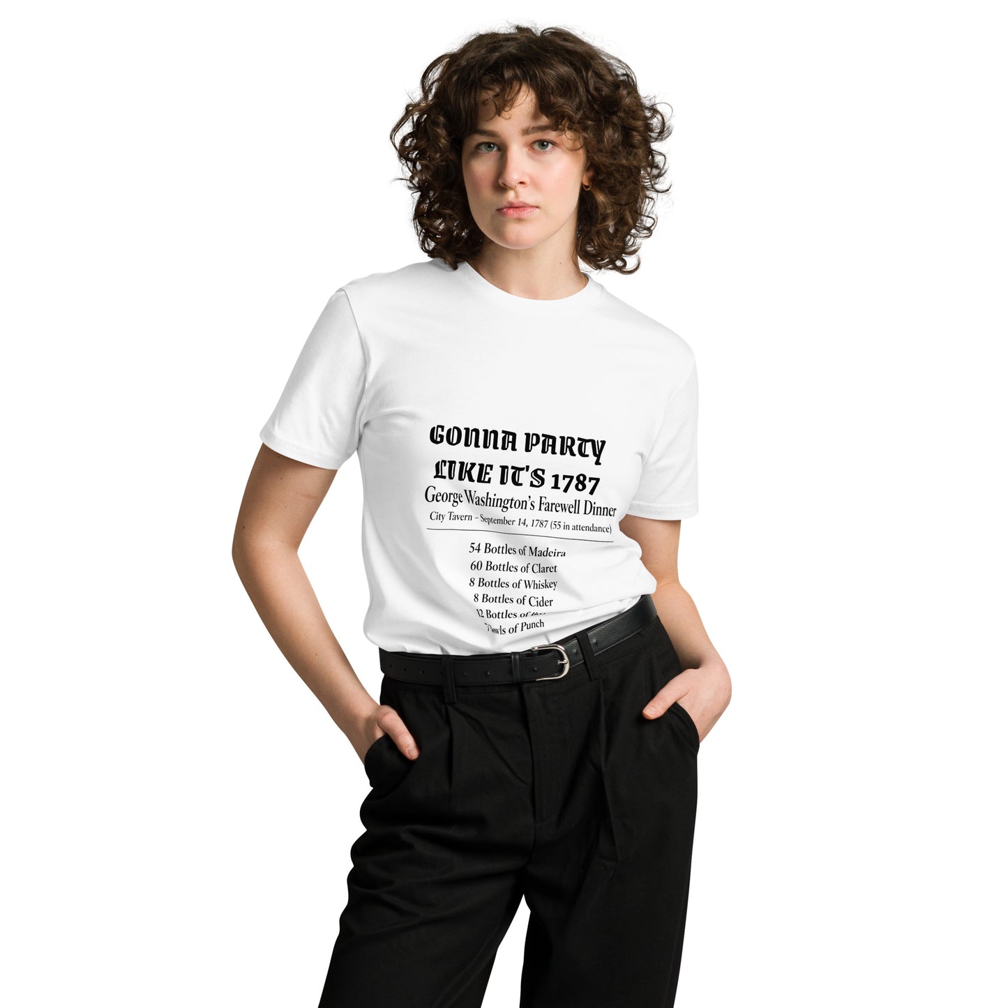 White unisex premium T-shirt with "Gonna party like it's 1787" slogan, featuring a casual fit and classic design.