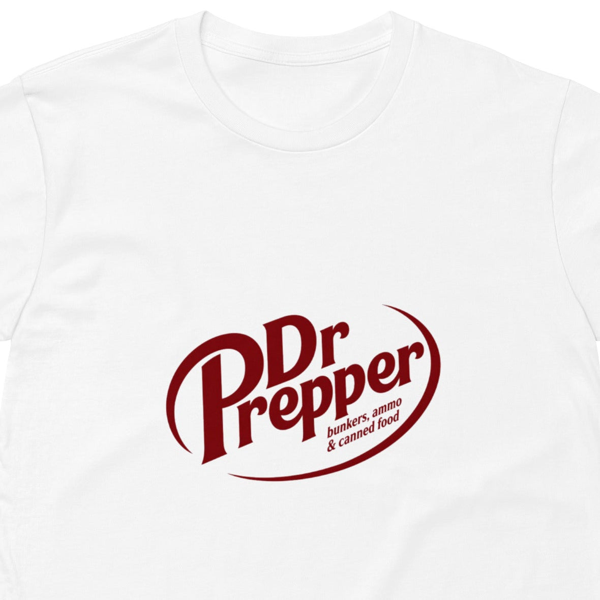 White unisex premium T-shirt featuring a graphic design related to bunkers, ammo, and canned food, from wayward.biz.