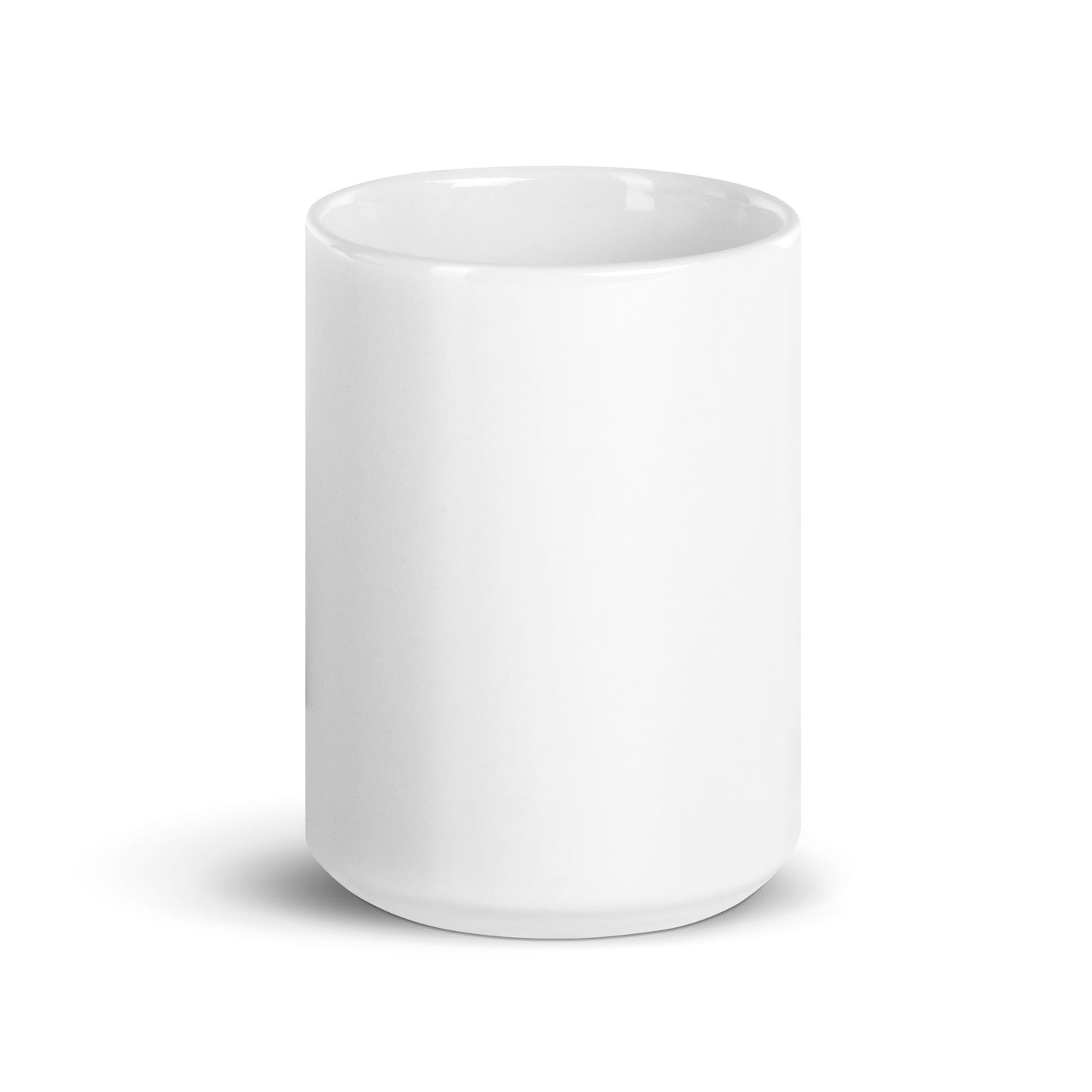 White glossy 15 oz mug by wayward.biz with a front view, showcasing its smooth finish and large capacity.