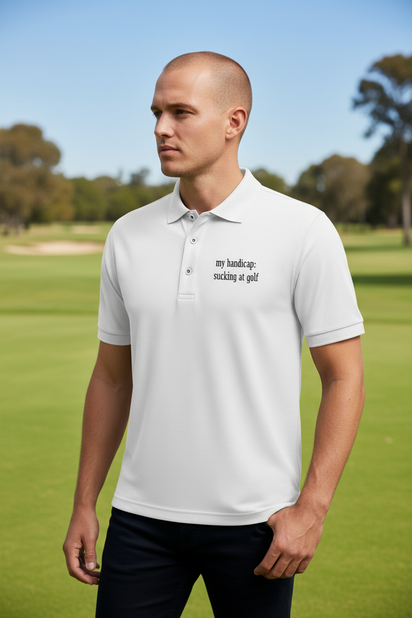 Men's premium golf polo shirt with humorous "Sucking at Golf" slogan by wayward.biz, casual fit and soft fabric.