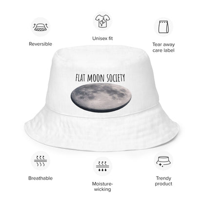 Reversible bucket hat by Wayward.biz with all-over moon print, white exterior, casual sun protection accessory.