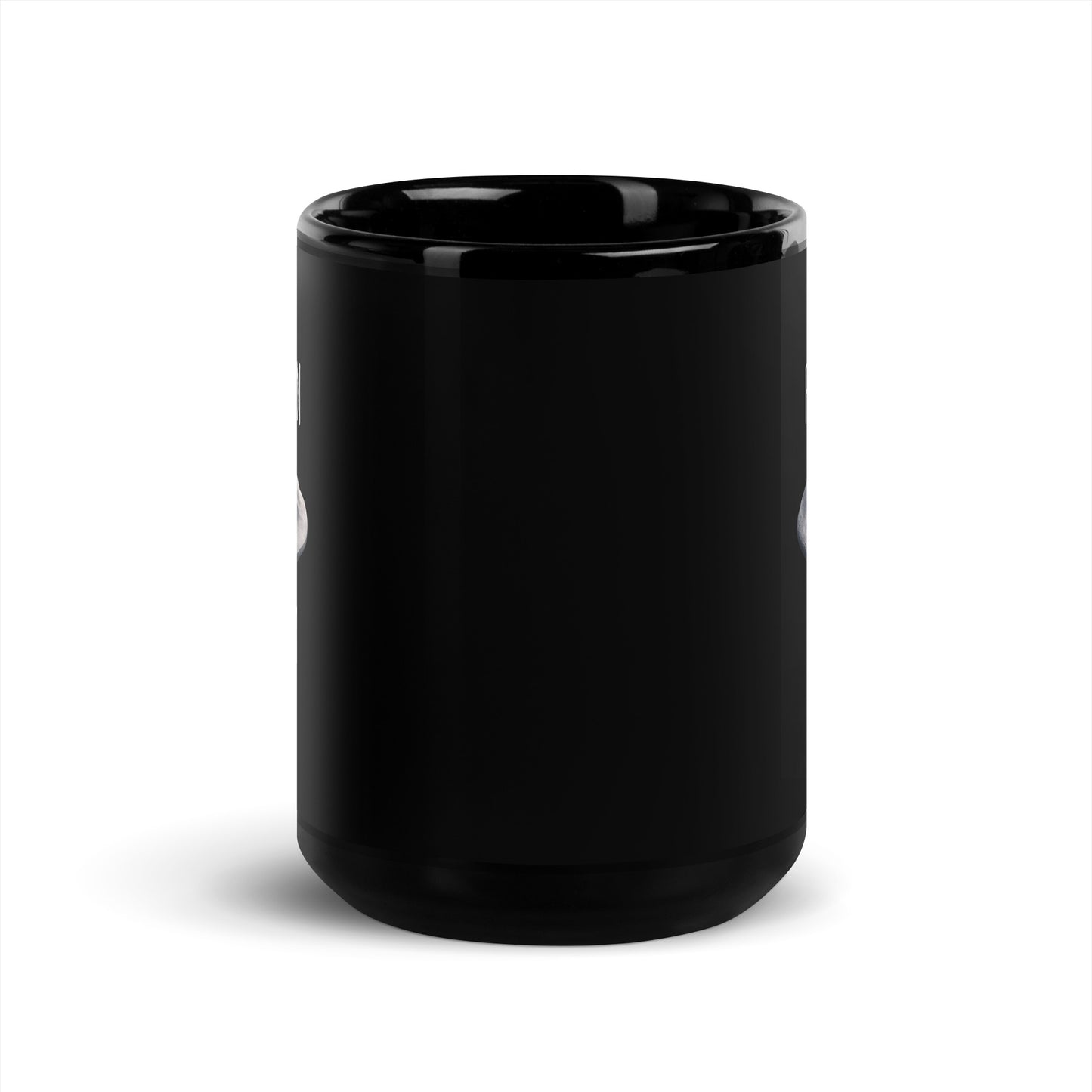 15 oz black glossy mug from Flat Moon Society featuring a sleek, reflective surface and a classic mug shape.