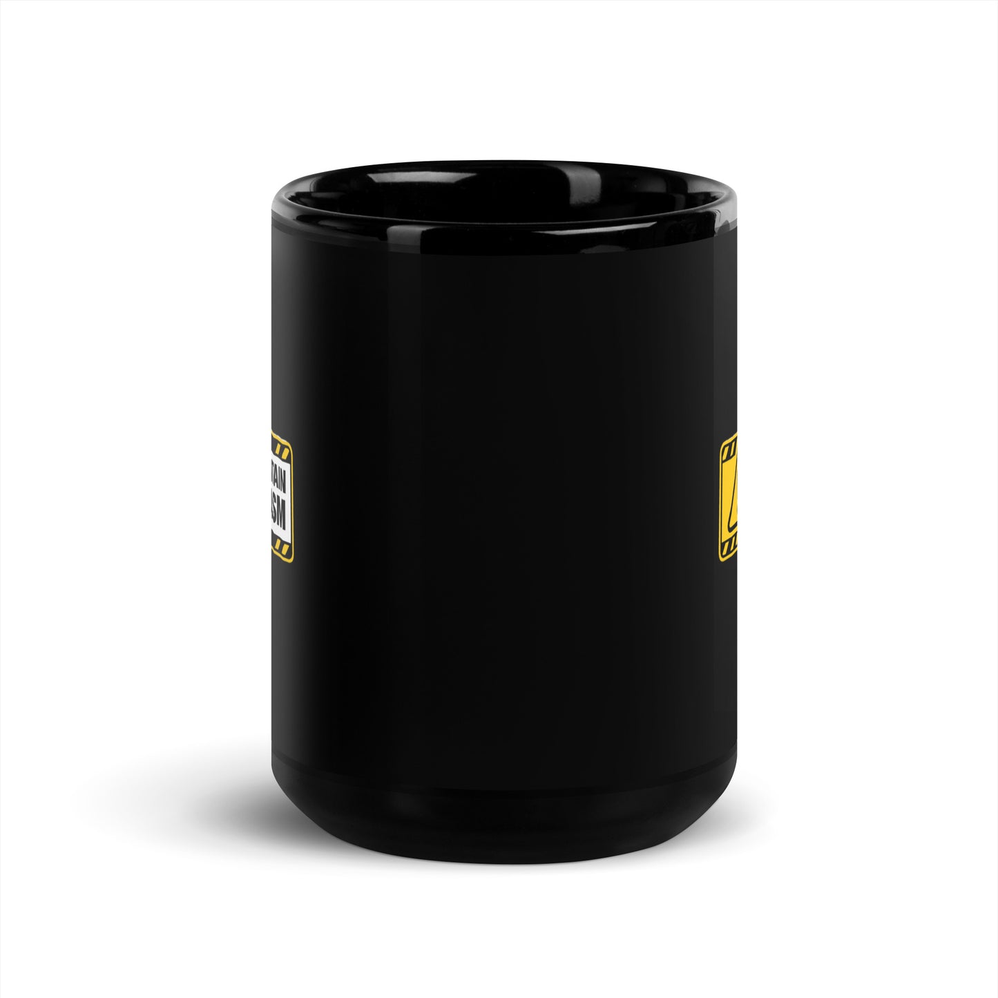 Black glossy 15 oz mug with "May Contain Sarcasm" text, designed by wayward.biz, shown from the front.