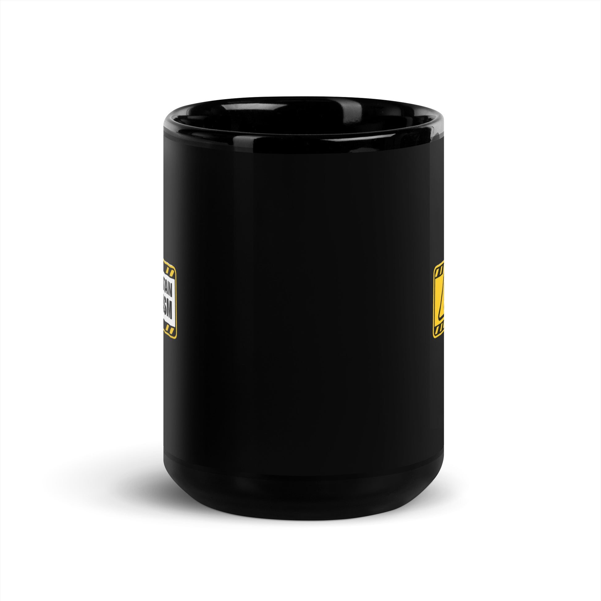 Black glossy 15 oz mug with "May Contain Sarcasm" text, designed by wayward.biz, shown from the front.