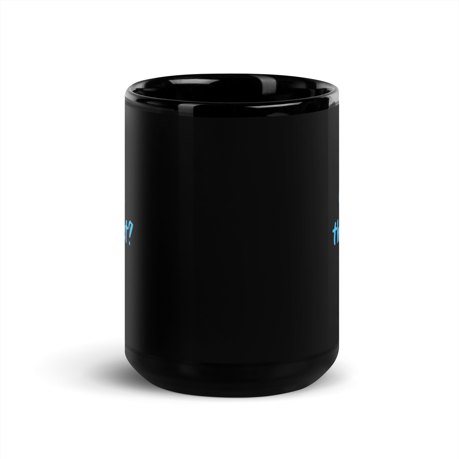 Black glossy 15 oz mug with "Are We There Yet" printed on the front, by Wayward.biz.