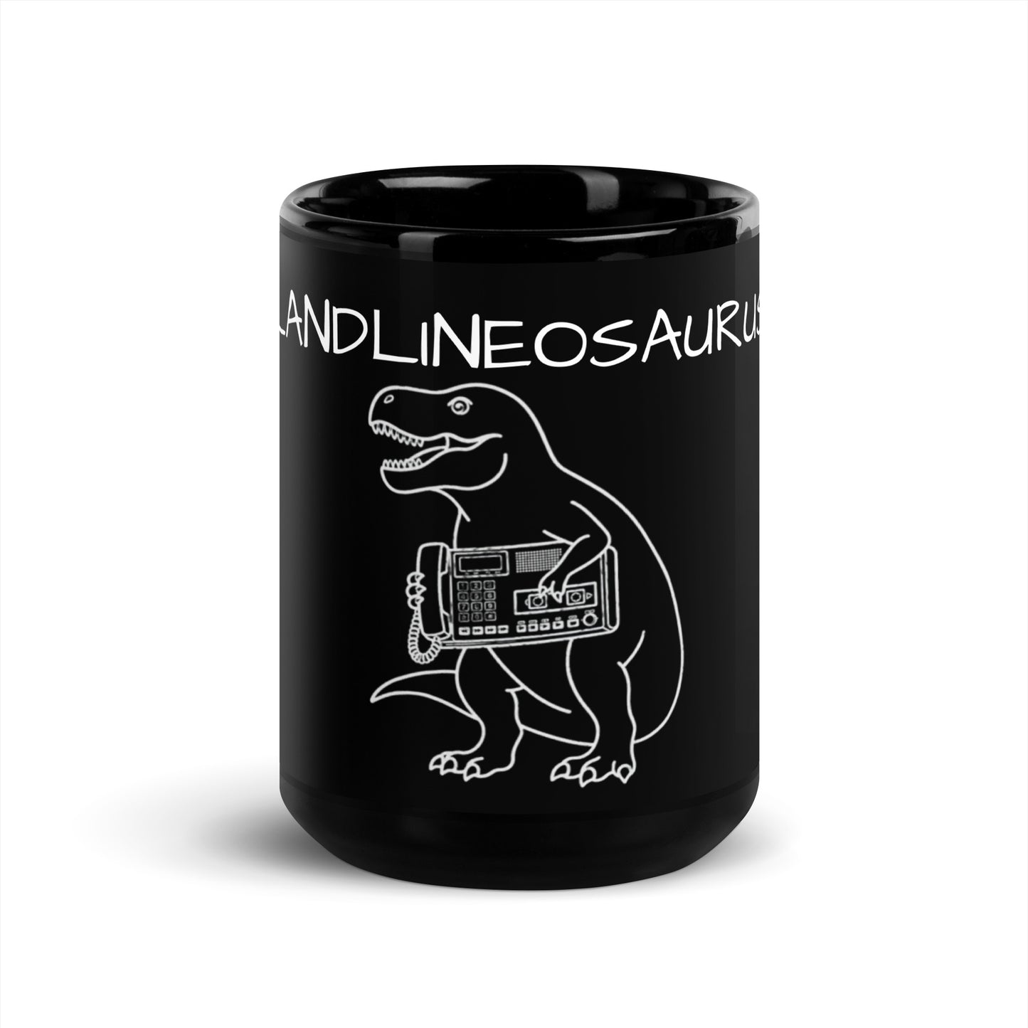 Black glossy Landlineosuarus mug, 15 oz capacity, featuring a smooth front design, ideal for coffee or tea.