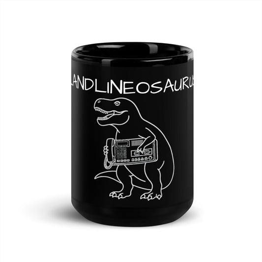 Black glossy Landlineosuarus mug, 15 oz capacity, featuring a smooth front design, ideal for coffee or tea.