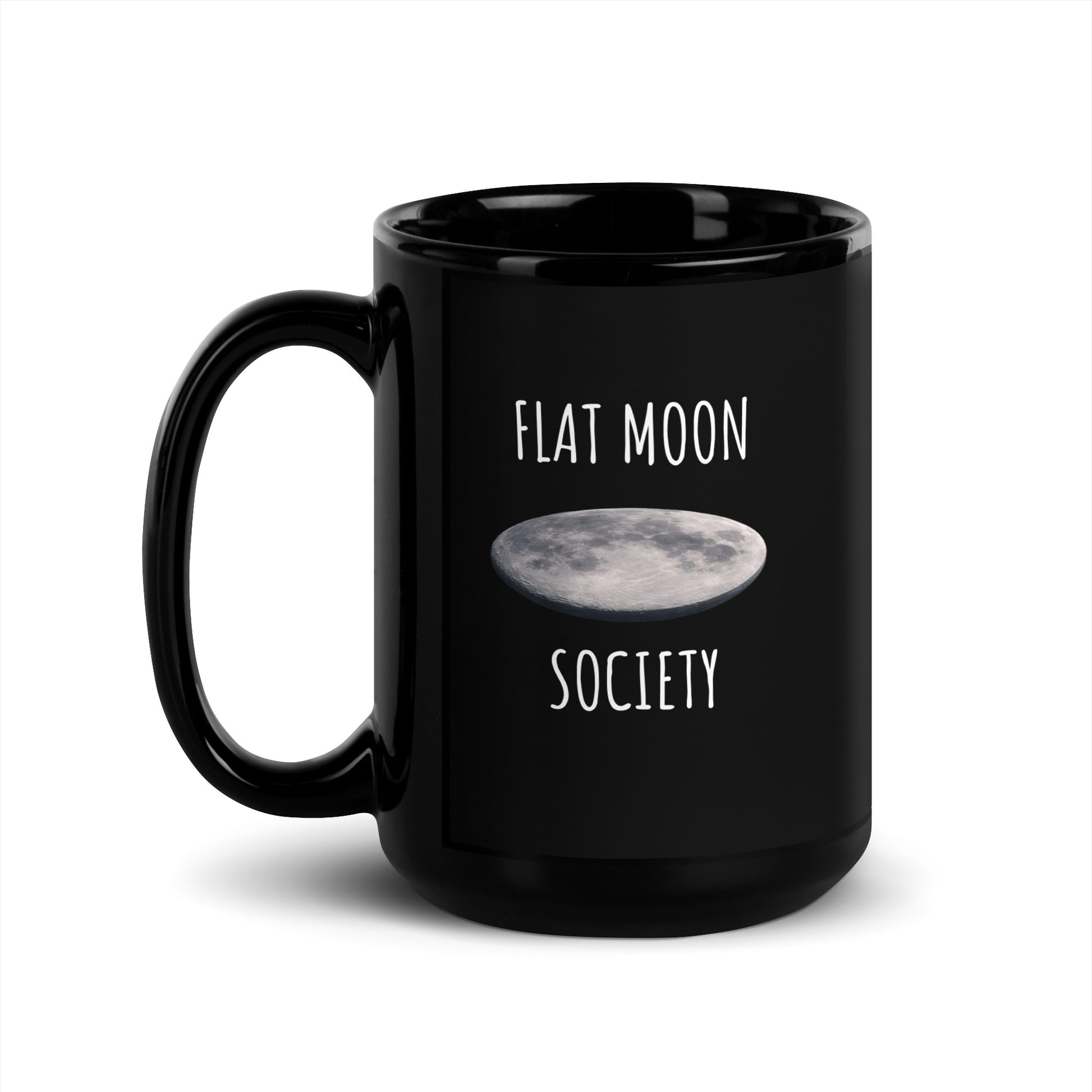 Black glossy 15 oz mug from Flat Moon Society by wayward.biz with a handle on the left side.