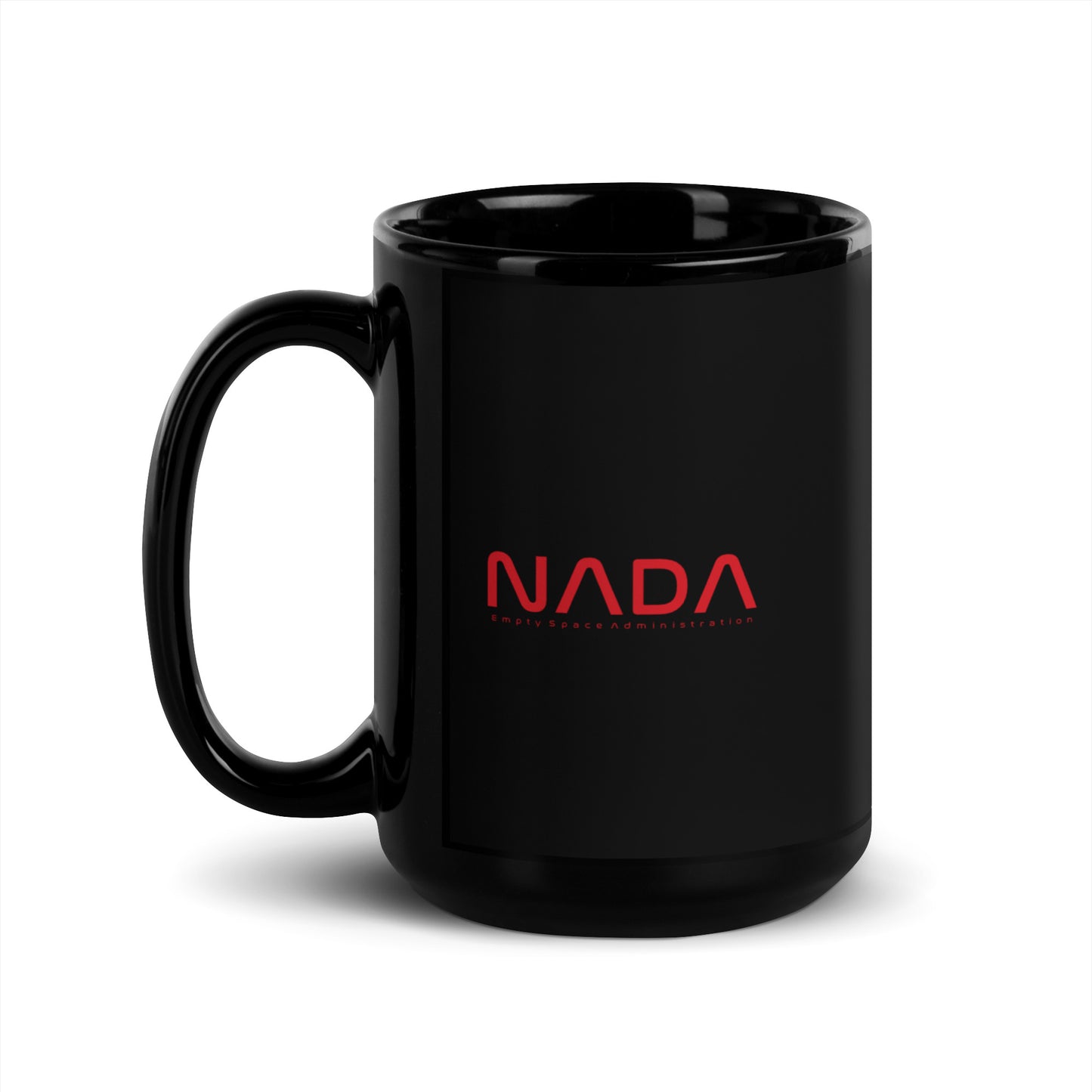 Black glossy 15 oz mug with handle on the left, made by wayward.biz, perfect for coffee or tea.